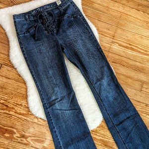 Free People Eva High Rise Lace Up Bootcut Jeans in Dark Blue Denim